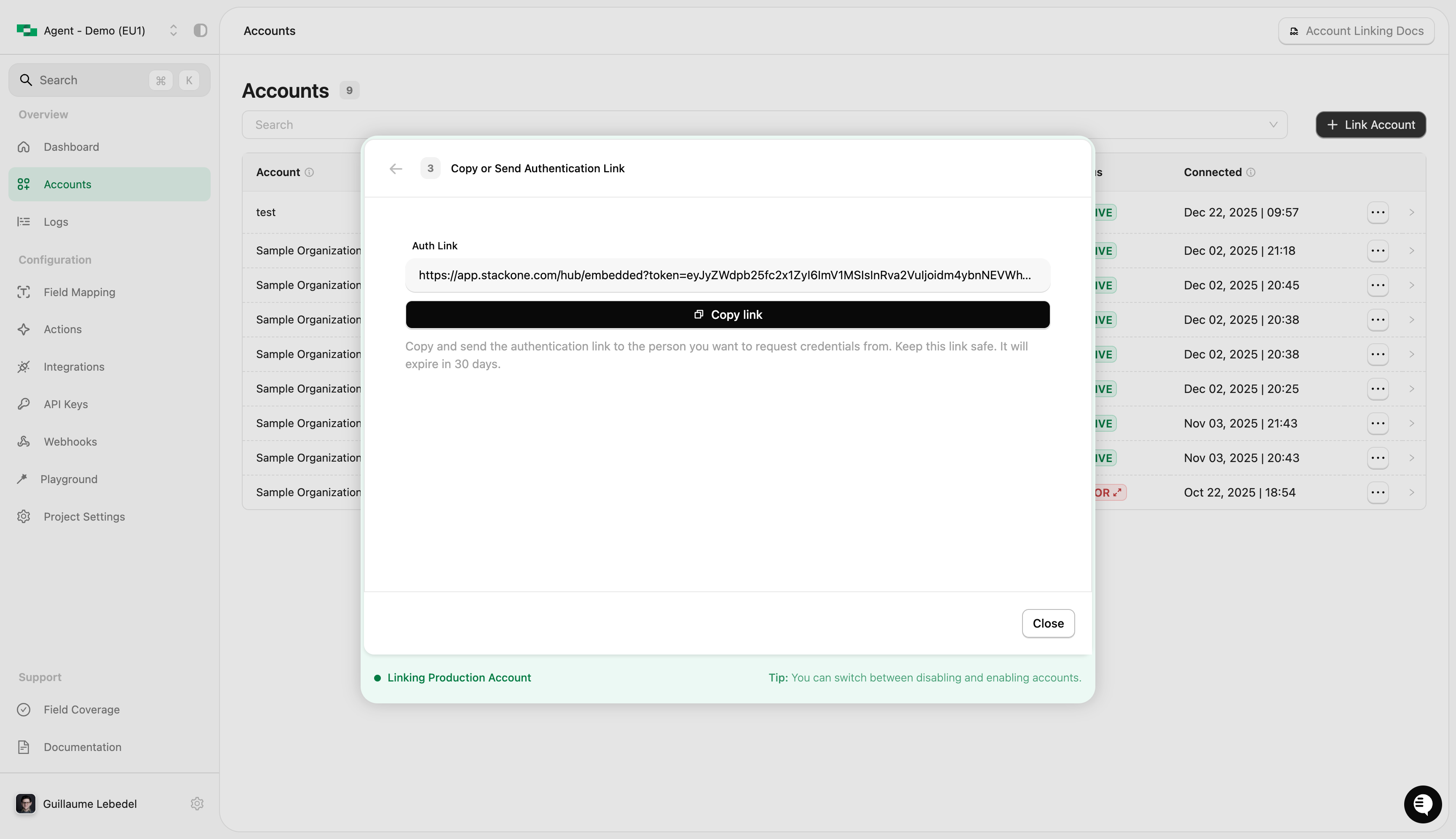 Auth Link generated