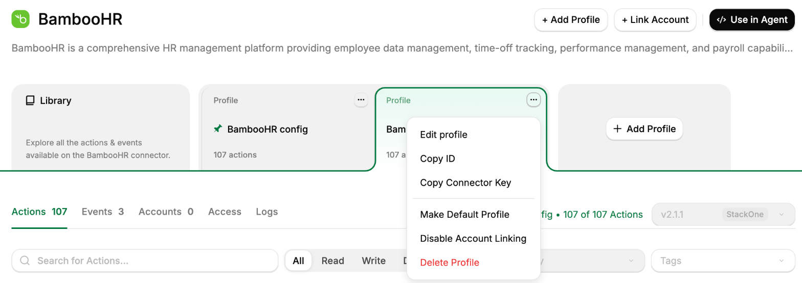 Profile card menu with Edit profile, Copy ID, Copy Connector Key, Make Default Profile, Disable Profile, and Delete Profile