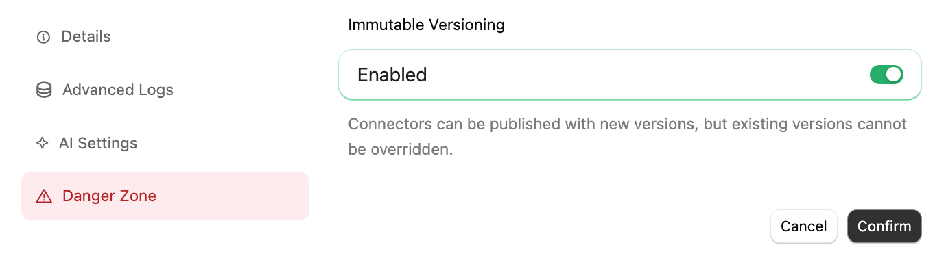 Immutable Versioning toggle enabled in the Danger Zone tab of Project Settings