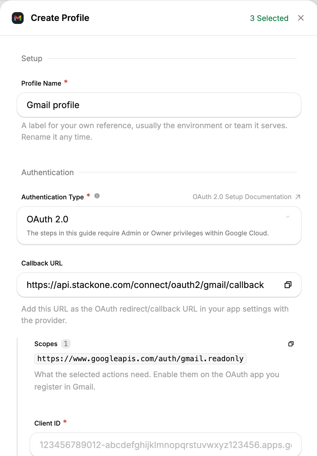 Create Profile panel showing Profile Name, Authentication Type set to OAuth 2.0, the Callback URL with a copy button, the scopes the selected actions need, and the Client ID field