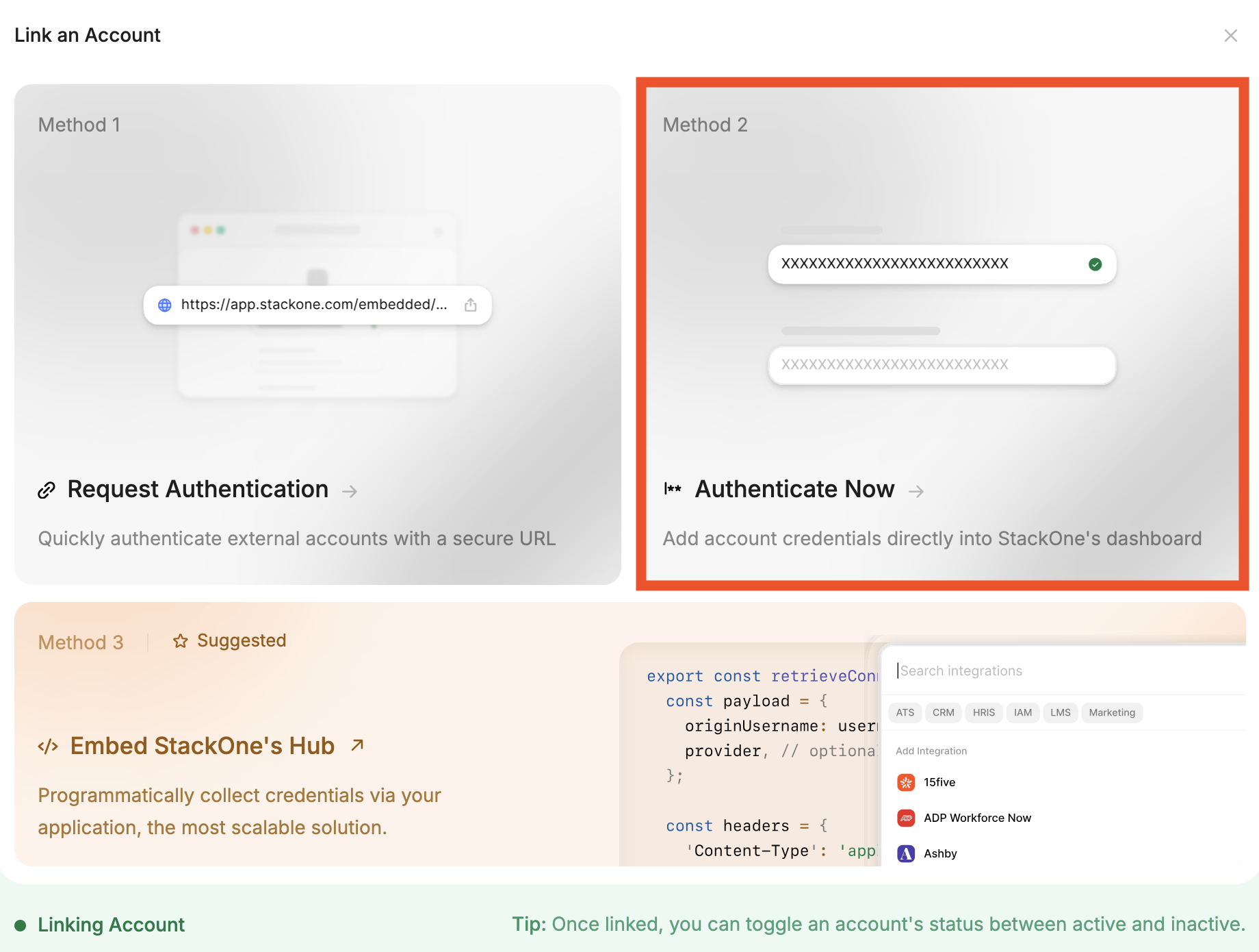 Link an Account popup showing the three connection methods with Method 2 - Authenticate Now selected