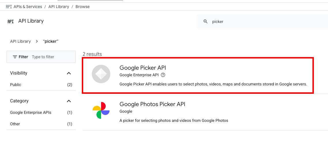 Google Picker API in the Google Cloud API library search results
