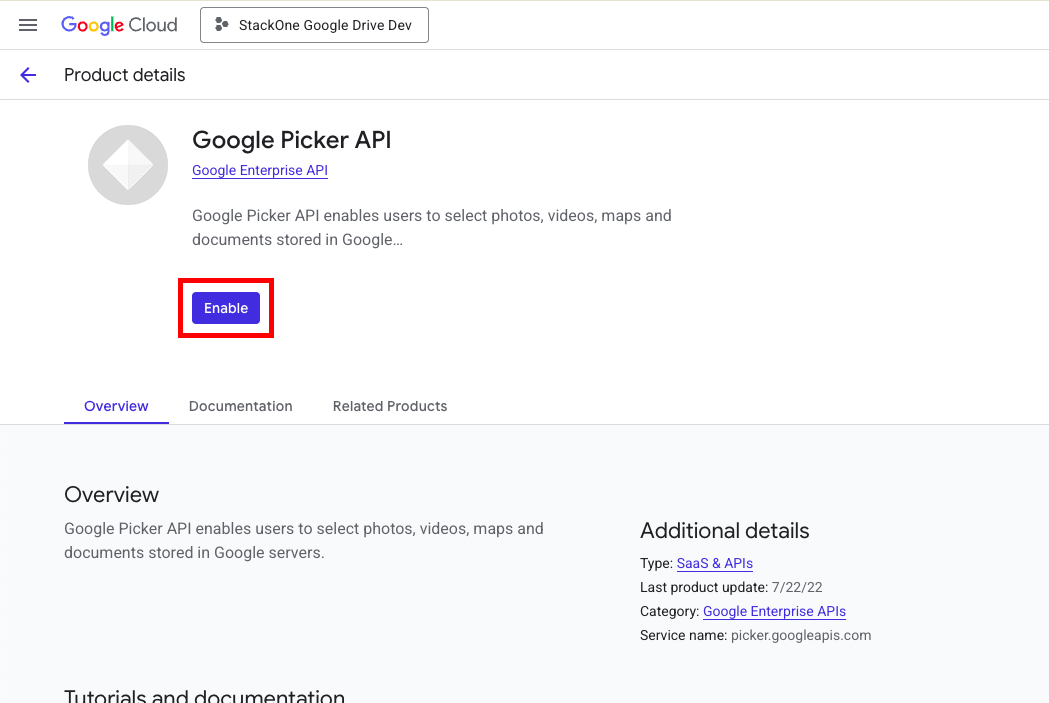The Enable button on the Google Picker API page