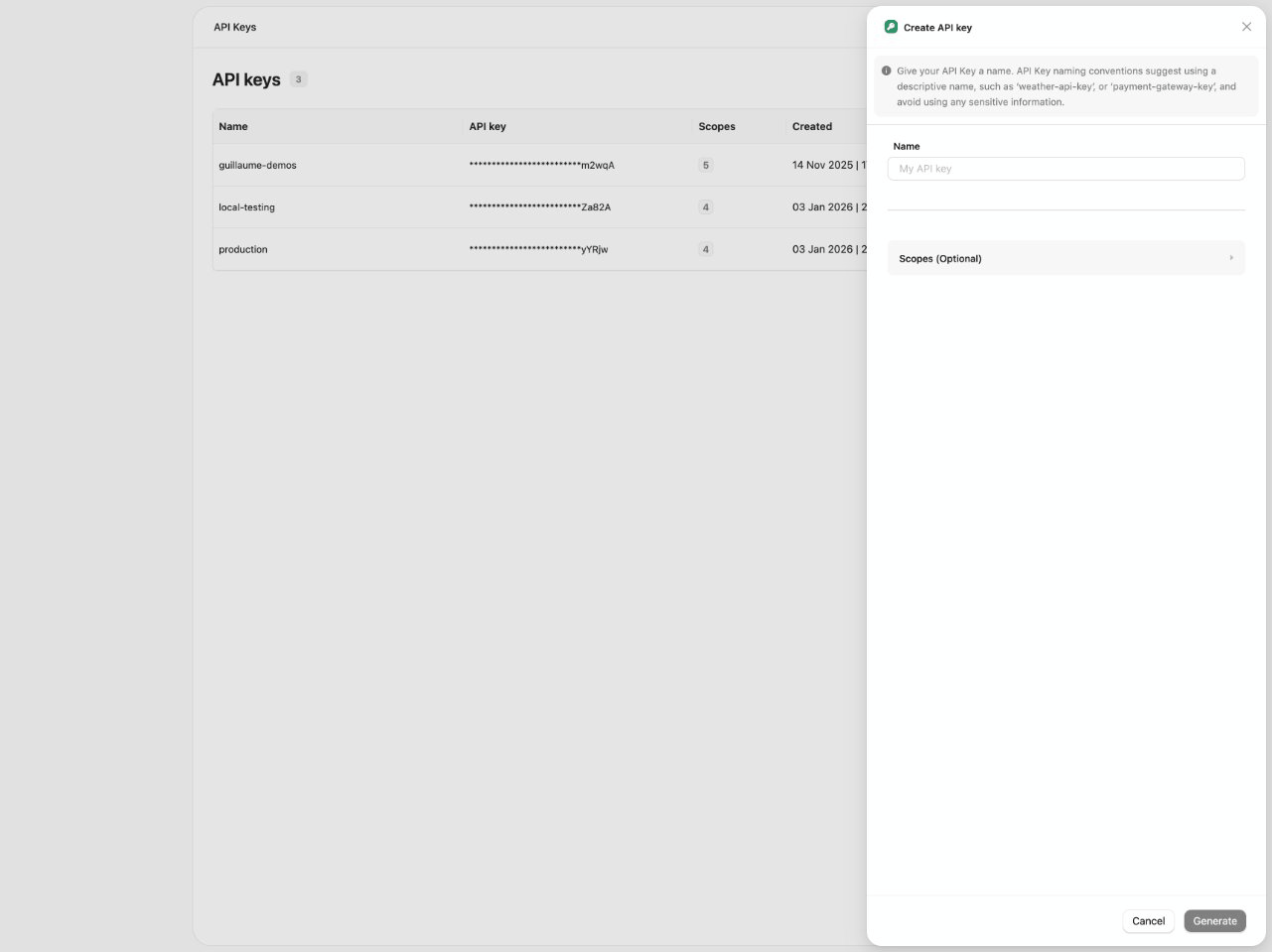 Create API key dialog with scopes
