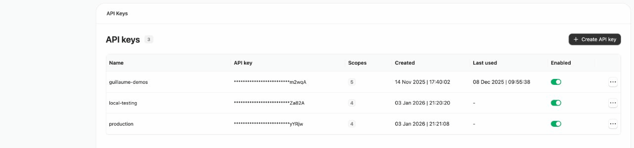 API Keys management page