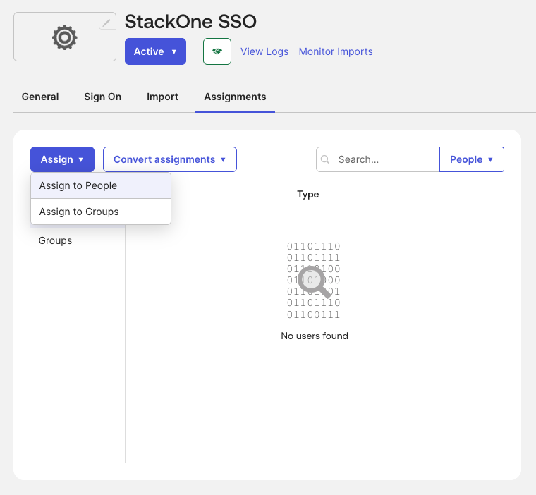 Okta Assignments tab for adding users to the StackOne SSO application