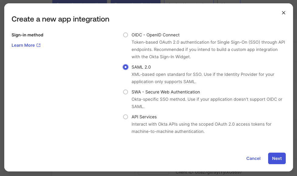 Okta Create App Integration dialog with SAML 2.0 selected