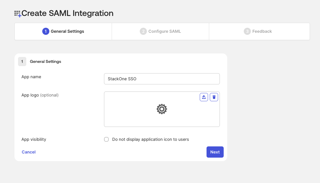 Okta general settings page with the app named StackOne SSO