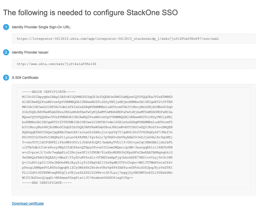 Okta Sign On tab showing the Identity Provider Issuer, SSO URL, and X.509 certificate