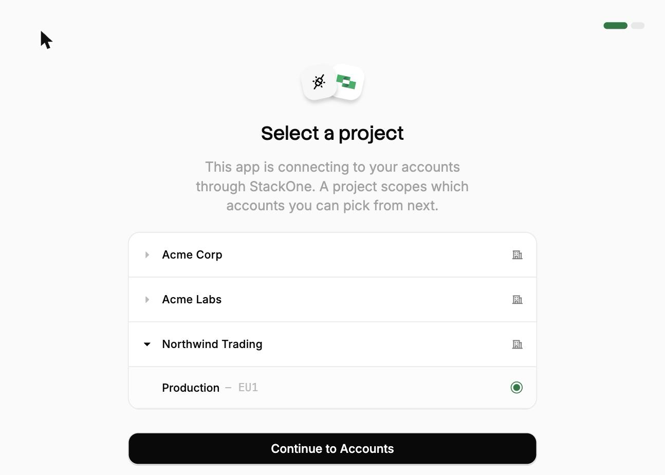 StackOne authorization screen listing organizations, with a project selected inside one of them