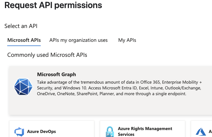 Microsoft Graph delegated permissions list with the required scopes selected