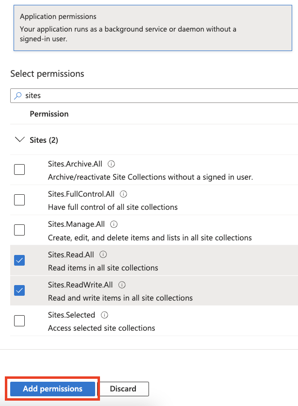 Configured permissions list showing every required Microsoft Graph permission