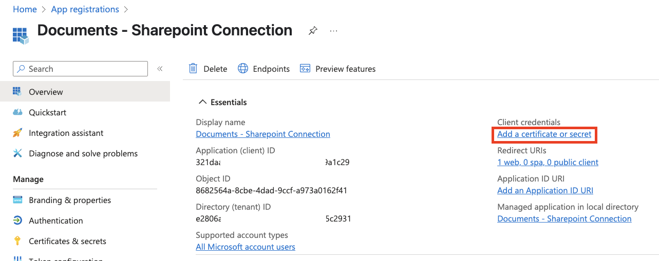 Certificates and secrets page with the New client secret option