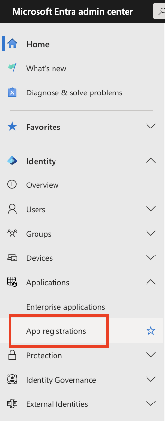App registrations under Applications in the Microsoft Entra admin center navigation