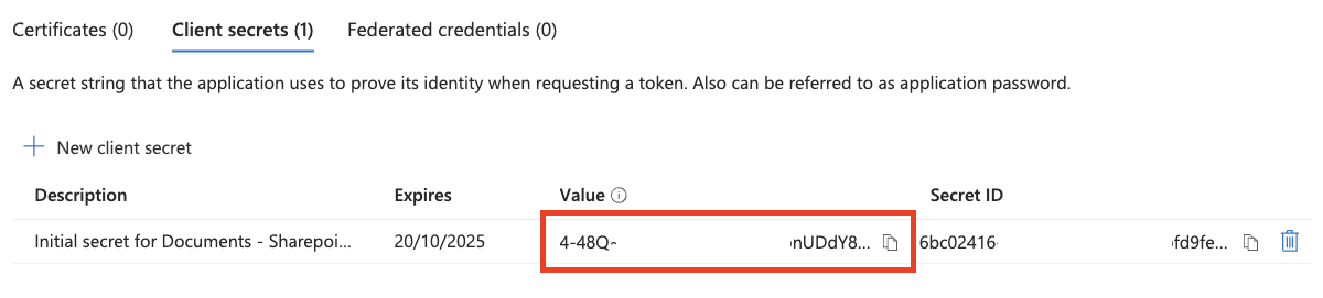 Copying the client secret value before navigating away from the page