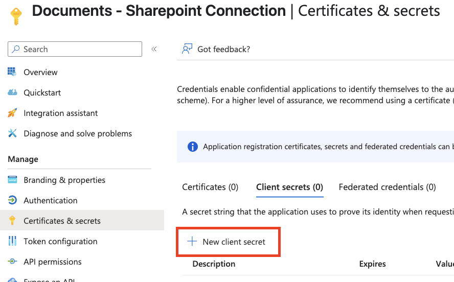 Add a client secret panel with the description and expiry fields