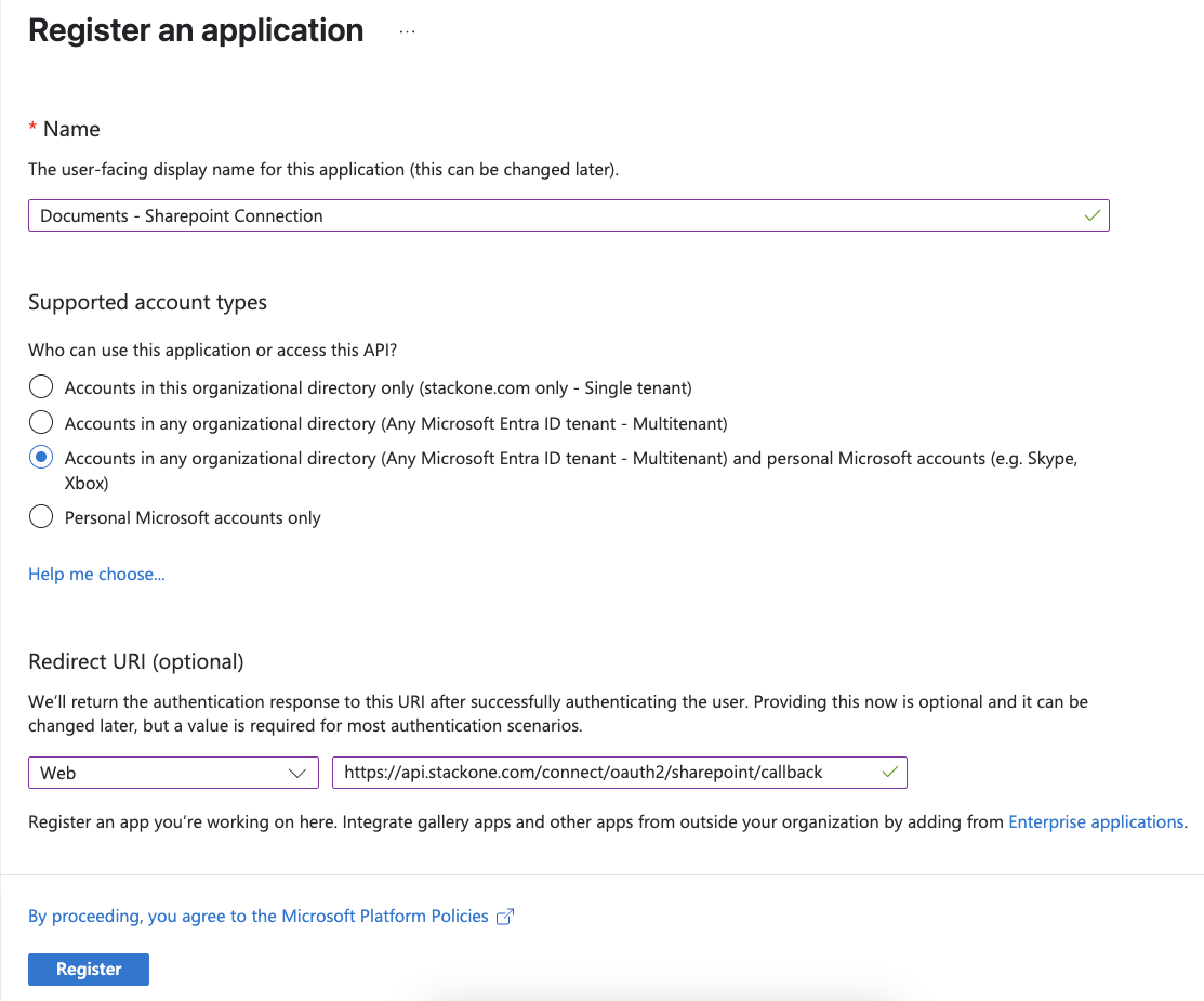 Register an application form with the name, multitenant account type, and web redirect URI filled in
