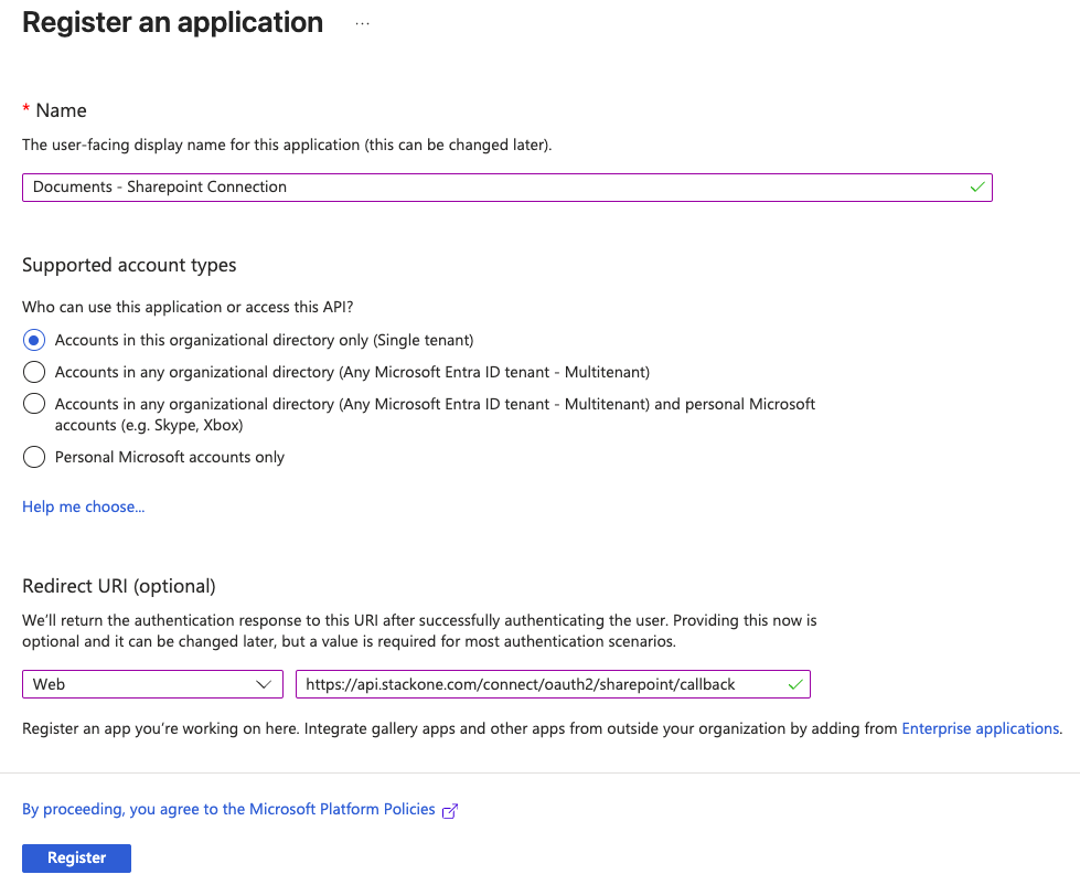 Register an application form with the name and single-tenant account type selected