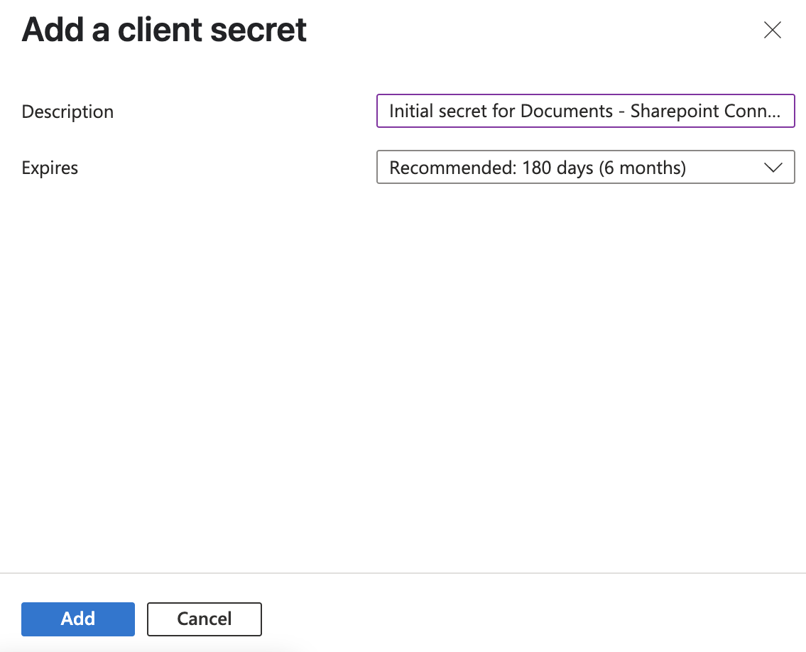 The new client secret listed with its value and expiry date