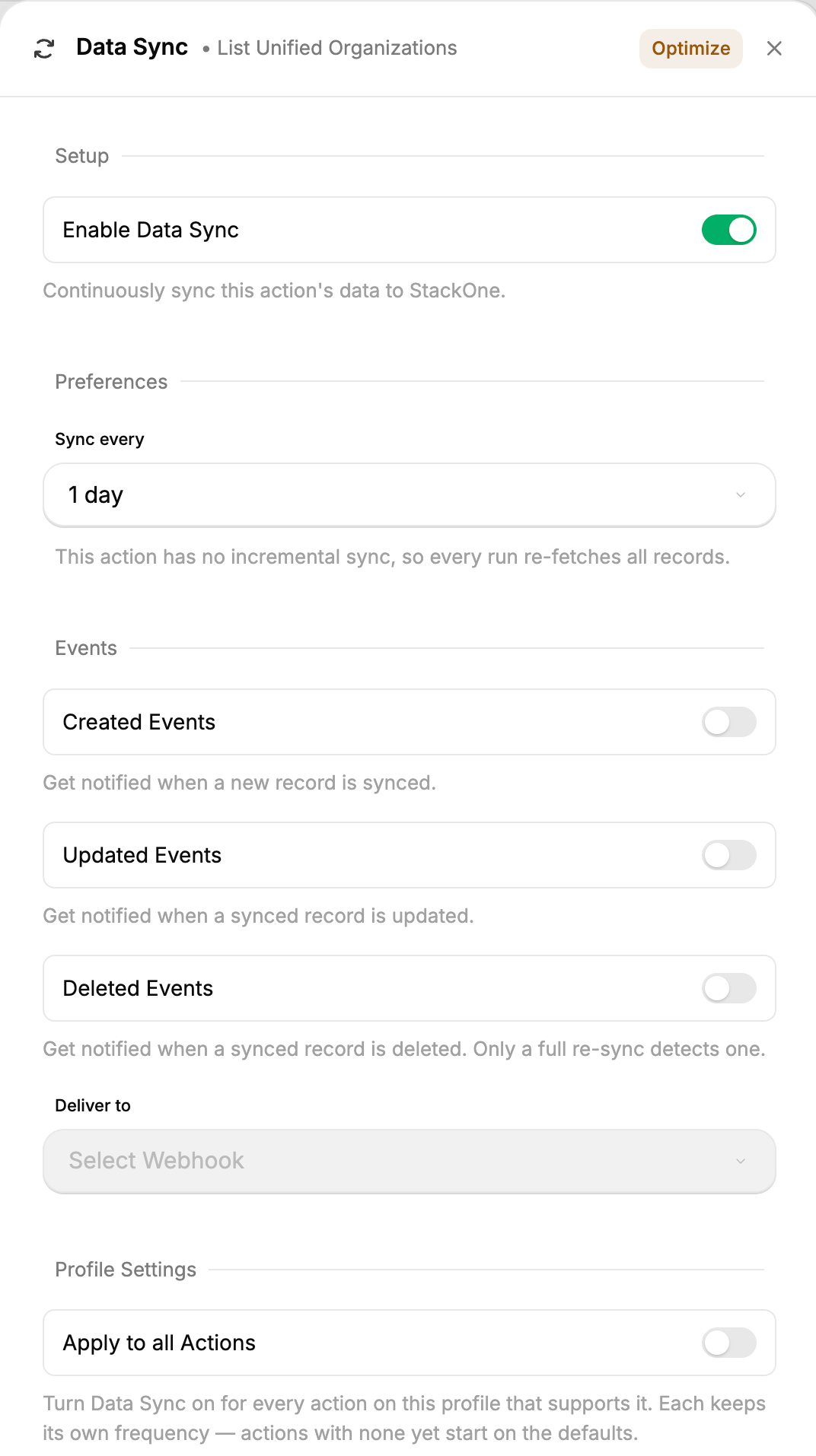 Data Sync panel for the List Unified Organizations action, with Enable Data Sync on, Sync every set to 1 day, Created, Updated and Deleted Events switches, a Deliver to webhook picker, and Apply to all Actions