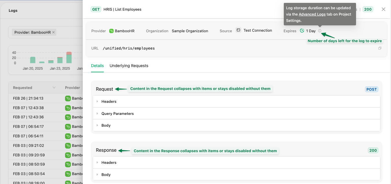 Log detail view showing the Details tab with request and response information