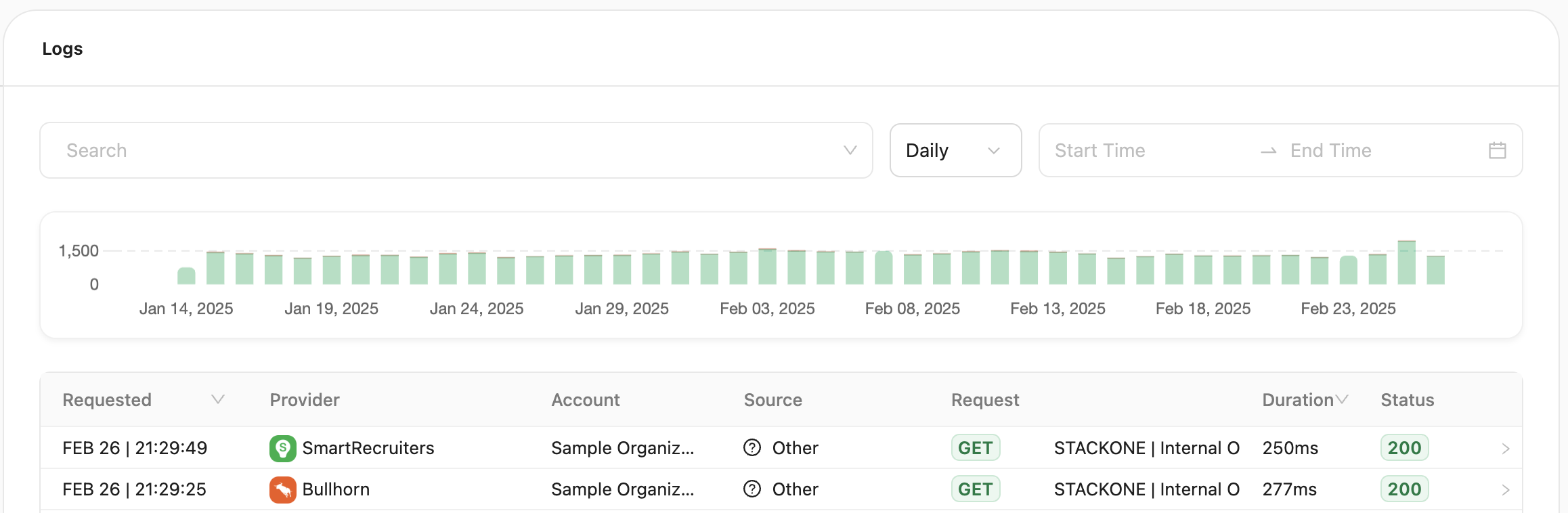 Logs page with an account filter pre-applied in the search bar