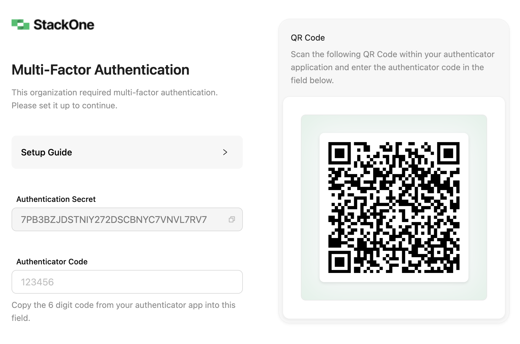 MFA setup dialog with QR code, authentication secret, and code confirmation