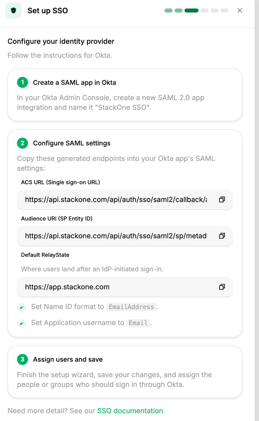 StackOne Configure step showing the ACS URL and SP Entity ID to copy into Okta