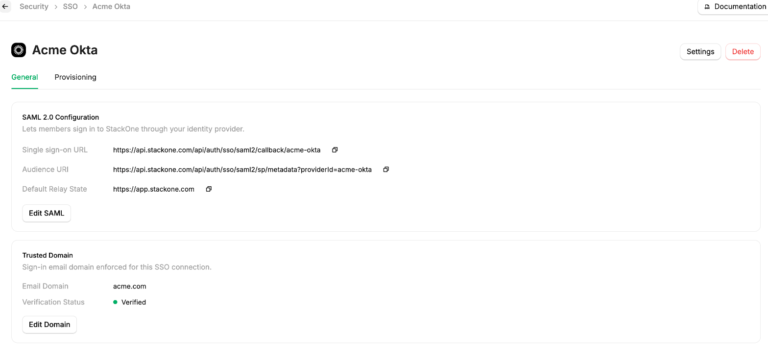 The connection's General tab, showing the SAML 2.0 Configuration values (Single sign-on URL, Audience URI, Default Relay State) and the Trusted Domain verification status.