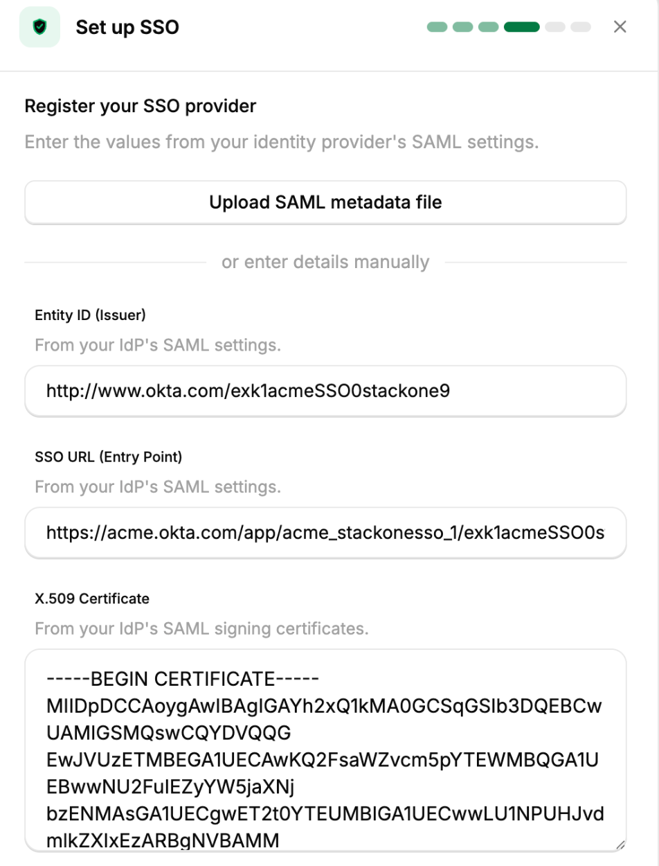StackOne Register form completed with the Okta issuer, SSO URL, and certificate