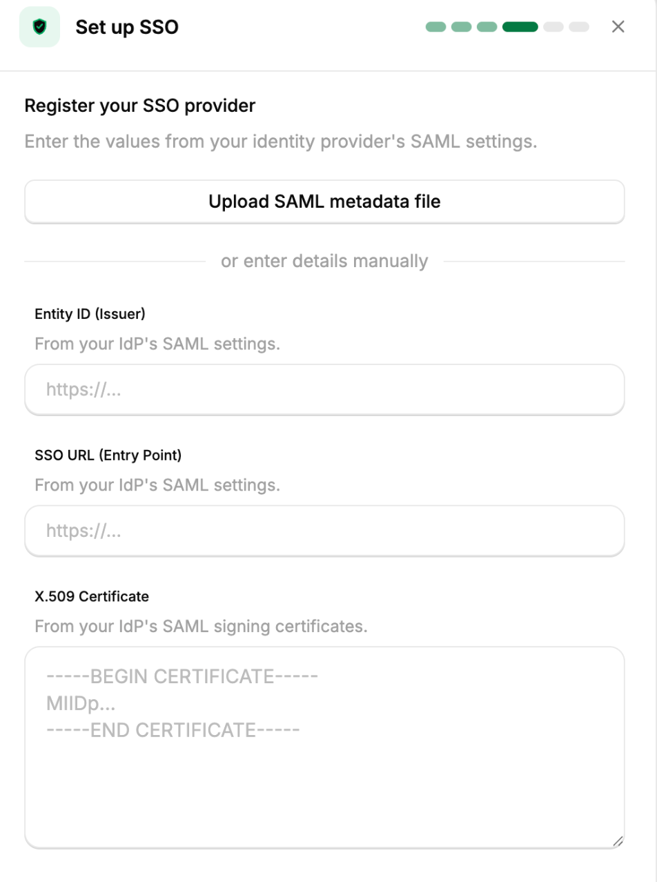 StackOne Register step with the metadata upload option above the manual entry fields