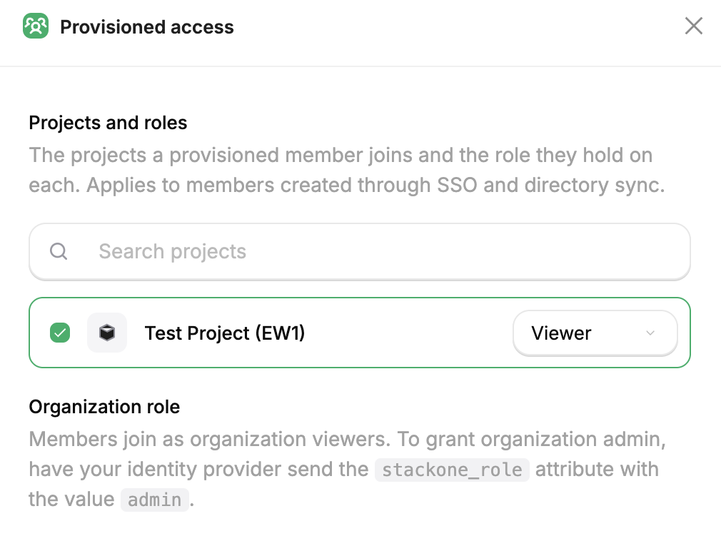 The Provisioned access panel with a project checked and its own role dropdown set to Viewer, and a note that the organization role is set separately.