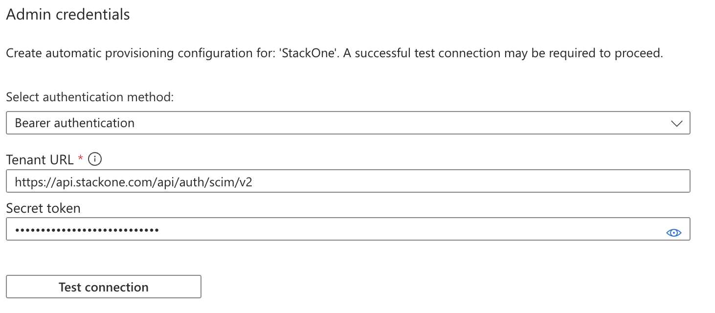 Microsoft Entra, Provisioning > Admin credentials, with Bearer authentication selected, the Tenant URL (SCIM base URL) and Secret token (provisioning token) entered, and the Test connection button.
