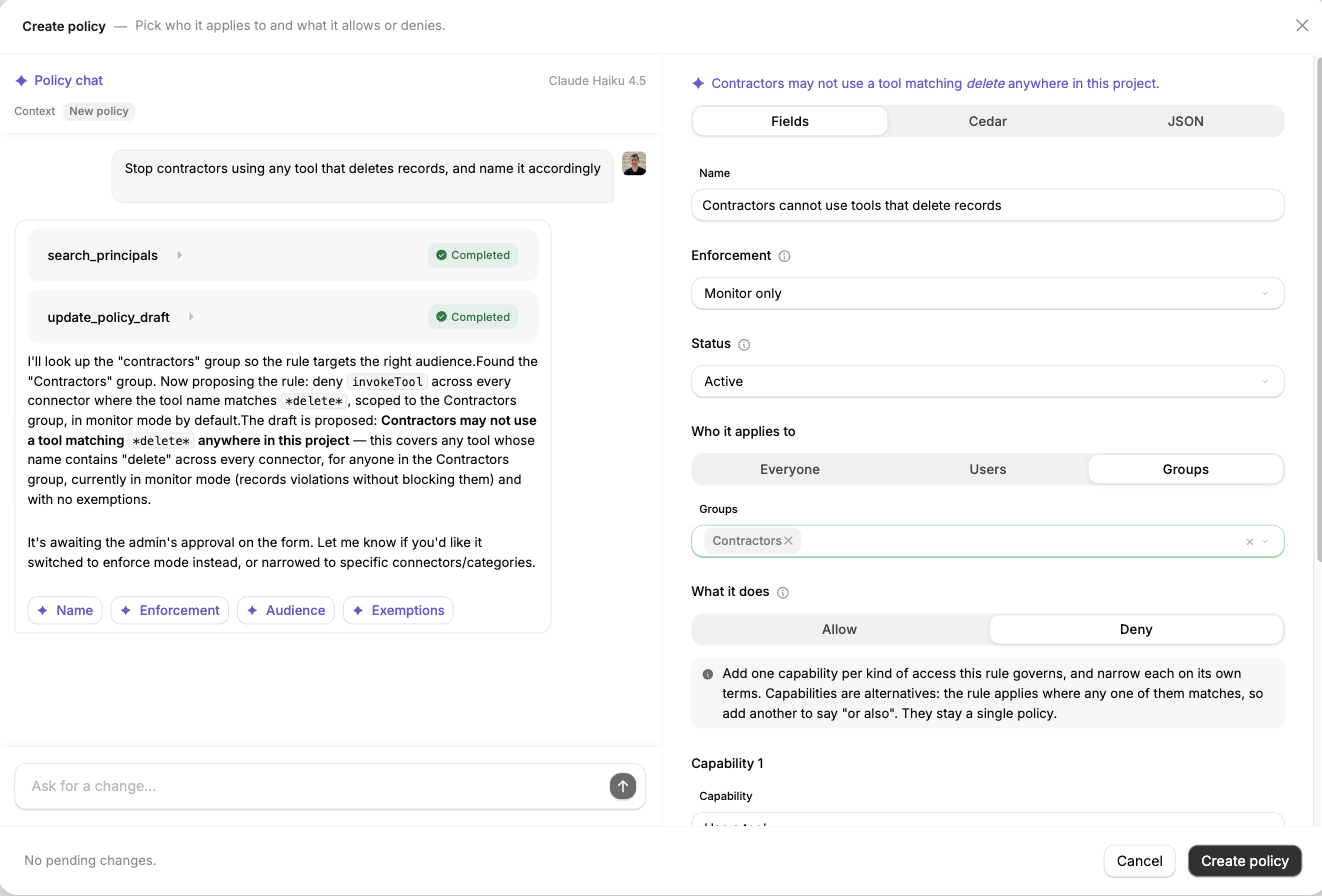 Create policy panel with Policy chat on the left and the form on the right, showing a policy named Contractors cannot use tools that delete records, the audience set to the Contractors group, and a Deny rule on the Use a tool capability