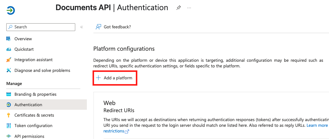 The Add a platform button on the Authentication page