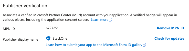 Publisher Verification section showing the MPN ID field