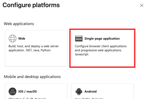 Configure platforms panel with Single-page application selected