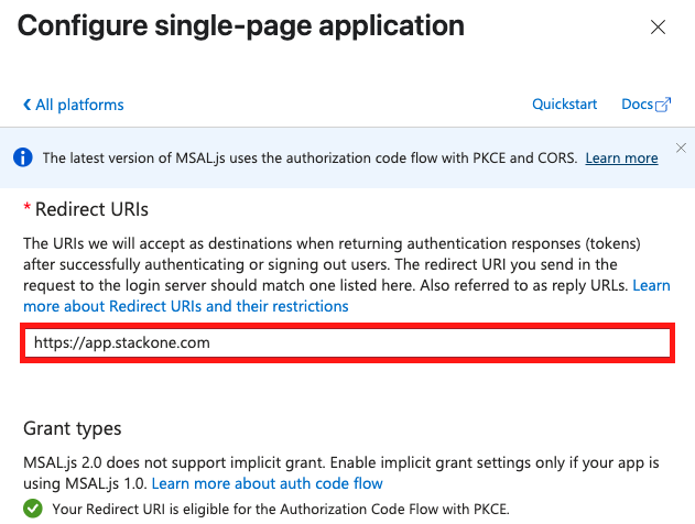 Single-page application redirect URI field